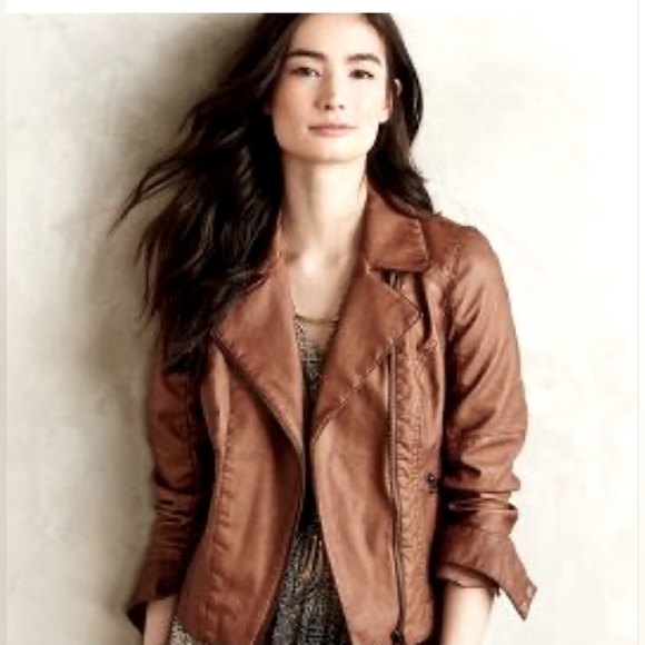 Anthropologie Jackets & Blazers - Anthropologie Hei Hei Perfed Vegan Cognac Faux Leather Moto Jacket Sz M